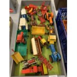 A LARGE QUANTITY OF TRACTORS AND FARM IMPLEMENTS IN A WOODEN TRAY