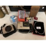 AN ASSORTMENT OF ITEMS TO INCLUDE TWO CAMERAS, A WRISTWATCH AND A WIDE BANGLE ETC