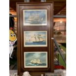 A LARGE WOODEN FRAMED TRIO OF PICTURES OF SAILING SHIPS