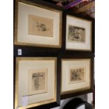 FOUR WOODEN FRAMED AND SIGNED PEN AND INK DRAWINGS