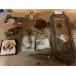 AN ASSORTMENT OF METAL WARE TO INCLUDE A SILVER PLATE TRAY, BOXED COSTUME JEWELLERY, PENKNIFE ETC