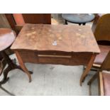 A 19TH CENTURY WALNUT MARQUETRY INLAID LADIES VANITY TABLE WITH FOLD-DOWN MIRROR