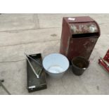 AN ENAMEL BUCKET, GALVANISED TRAY AND BUCKET AND A STORAGE BIN