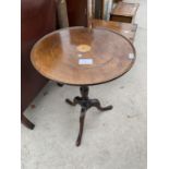 A 19TH CENTURY MAHOGANY AND INLAID DISH TOP TRIPOD TABLE 21.5 INCH DIAMETER