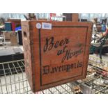 A VINTAGE "DAVENPORTS" WOODEN BEER CRATE AND SIX BEER BOTTLES