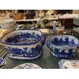 TWO LARGE BLUE AND WHITEWARE FOOTBATHS