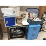 A LARGE GROUP LOT TO INCLUDE VINTAGE TWO DRAWER FILING CABINET, A COLLECTION OF BOOKS, SCALES,