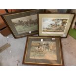 TWO FRAMED AND SIGNED PRINTS DEPICTING HUNTING SCENES AND A FURTHER FRAMED 'THELWELL' CARTOON