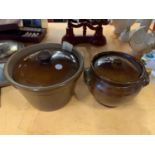 TWO VINTAGE TREACLE GLAZED LIDDED POTS AND A SET OF F J THORNTON & CO THE VIKING SCALES WITH PAN AND