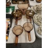 FIVE VARIOUS SIZED VISION CORNING FRANCE GLASS SAUCEPANS