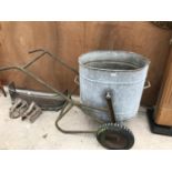 A VINTAGE FEED BIN COMPLETE WITH VINTAGE TROLLEY