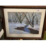 A FRAMED AND SIGNED PRINT OF A WINTER WOODLAND SCENE