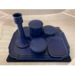 A PILKINGTONS LANCASTRIAN POTTERY BLUE DRESSING TABLE SET COMPRISING OF A TRAY, A SMALLER TRAY, A