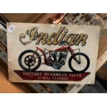 A METAL 'INDIAN MOTOR CYCLE' MAN CAVE SIGN