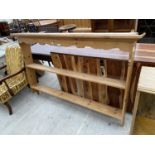 PINE OPEN WALL SHELVES WITH SHAPED TOP RAIL, 65" WIDE