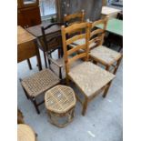 A BAMBOO STOOL, WICKER TOP STOOL, THREE LADDERBACK CHAIRS AND A RUSH SEATED FIRESIDE CHAIR