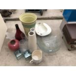 VARIOUS VASES, CANDLE HOLDERS, VINTAGE 'BOOTS' BED PAN, GLASS BOWL ETC.