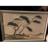 A FRAMED PRINT OF THE 'PINES ON THE DUNES' BY JAN HAGUE