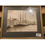 A FRAMED WATERCOLOUR OF 'THE WINSTON CHURCHILL' AT WEYMOUTH SIGNED DAPHNE ROSCOE