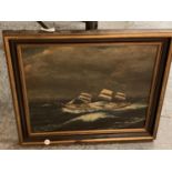 GILT FRAMED OIL ON CANVAS OF A SHIP IN A STROM