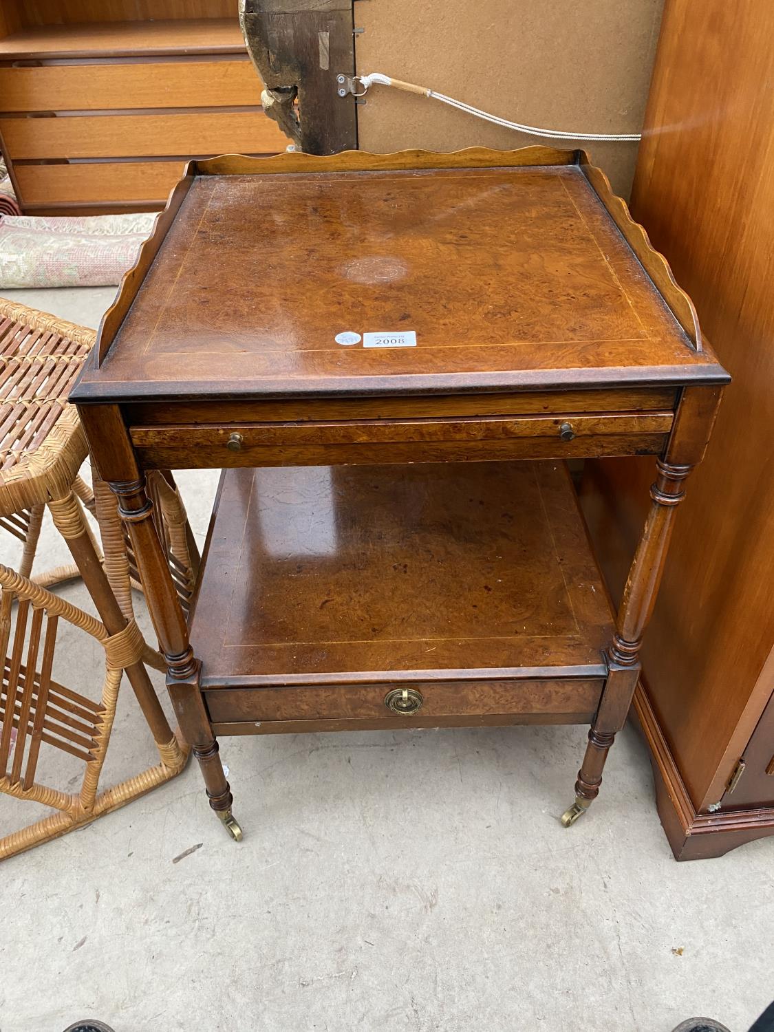 A SQUARE INLAID WALNUT SIDE TABLE WITH LOWER DRAWER AND SERVING SLIDE