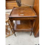 A SQUARE INLAID WALNUT SIDE TABLE WITH LOWER DRAWER AND SERVING SLIDE