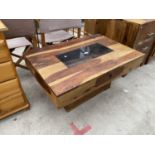 A MODERN HARDWOOD COFFEE TABLE WITH SINGLE DRAWER AND INSET GLASS TOP, 35.5x24"