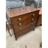 A GEORGE III MAHOGANY AND CROSSBANDED CHEST OF FOUR GRADUATED DRAWERS, ON SPLAY FEET, 32" WIDE