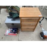 SMALL CHEST OF THREE DRAWERS, FILE BOX, FOOT PUMP ETC