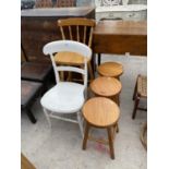 A PAINTED BEDROOM CHAIR, KITCHEN HIGH STOOL AND THREE ROUND PINE STOOLS