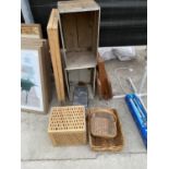 WICKER BASKETS, A PASTE TABLE, TWO VINTAGE WOODEN BOXES ETC