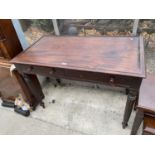 A 19TH CENTURY MAHOGANY SIDE TABLE ON TURNED AND FLUTED LEGS, WITH TWO DRAWERS, 42" WIDE