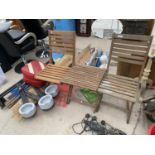 TWO GARDEN CHAIRS AND A TABLE, WINDBREAKS ETC