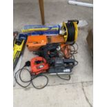 THREE DRILLS, A SANDER, A JIGSAW, EXTENSION CABLE ETC