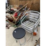 TWO GARDEN CHAIRS, A STOOL AND A LARGE QUANTITY OF GARDEN TOOLS