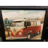 A FRAMED PRINT OF A CALIFORNIA VW CAMPER VAN