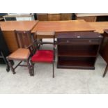 AN OPEN MAHOGANY BOOKCASE, 32" WIDE, WITH SINGLE DRAWER TOGETHER WITH TWO DINING CHAIRS