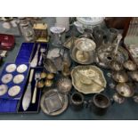 A LARGE ASSORTMENT OF SILVER PLATE ITEMS TO INCLUDE TANKARDS, GOBLETS AND A GLASS COOKIE JAR