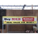 A VINTAGE LARGE WOODEN DOUBLE SIDED ADVERTISING SIGN 'M.E.B. MIDLANDS ELECTRICITY MIDELEC