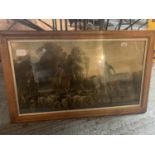 A LARGE WOODEN FRAMED VINTAGE PRINT OF A HUNTING SCENE