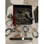 A BOX CONTAINING VARIOUS WRIST WATCHES TO ALSO INCLUDE A FOB WATCH ON A CHAIN