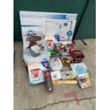 A WHITEBOARD, COLLECTABLE MUGS, CLOCK, SANTA FIGURE ETC