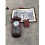 A CHIMING WALL CLOCK, A FRAMED PRINT AND A VINTAGE HOME CARPENTRY BOOK