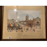 A WATERCOLOUR PRINT OF 'THE MARKET, ASHTON-UNDER-LYME, SIGNED