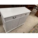 A WHITE PAINTED SIDEBOARD WITH TWO DOORS AND TWO DRAWERS