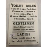 A CAST IRON SIGN SETTING OUT THE RULES OF THE TOILET