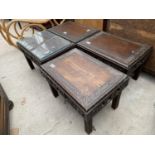 A SET OF FOUR HARDWOOD ORIENTAL SMALL TABLES WITH FOLD AWAY LEGS (ONE WITH GLASS TOP), 20x13.5" EACH