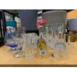 AN ASSORTMENT OF GLASSWARE TO INCLUDE TWO COMMEMORATIVE GLASS BELLS