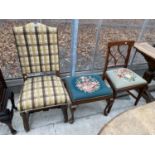 A CABRIOLE LEG STOOL WITH TAPESTRY SEAT, TOGETHER WITH TWO DINING CHAIRS