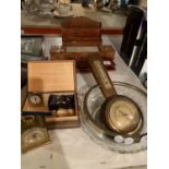 AN ASSORTMENT OF COLLECTABLES TO INCLUDE A CARVED WOODEN BOX, TWO CLOCKS AND A BAROMETER ETC